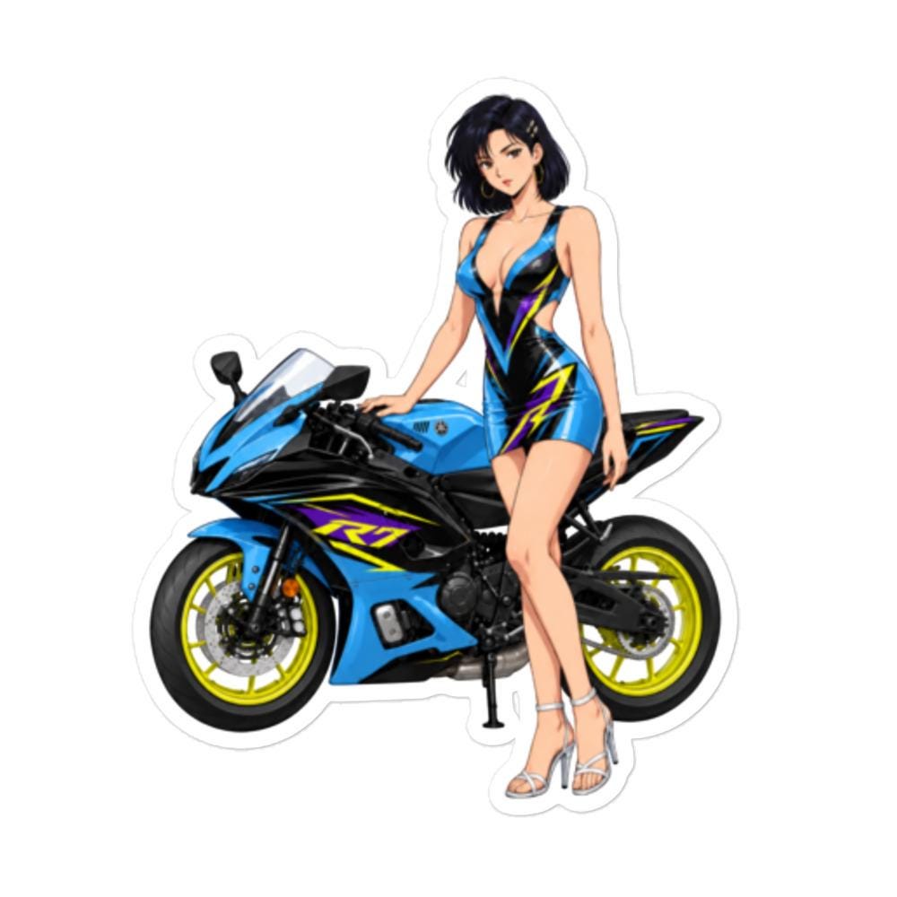 Neon Yamaha R7 Motorcycle Anime Girl Sticker